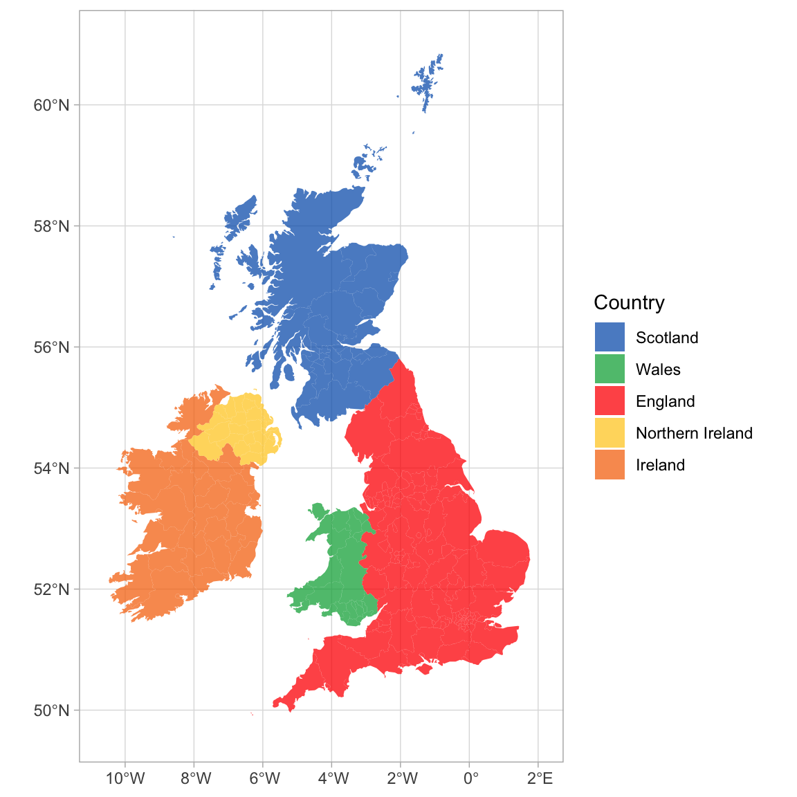 Map coloured by country.