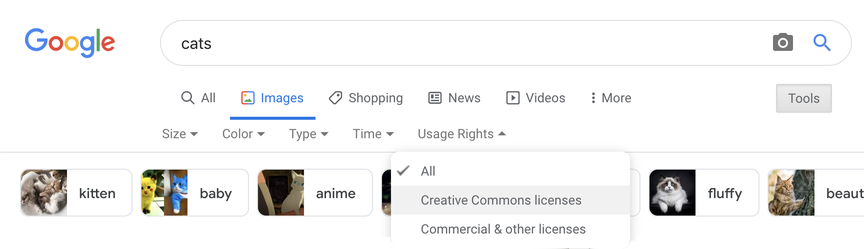 Screenshot of Google Images interface with Usage Rights selections open.