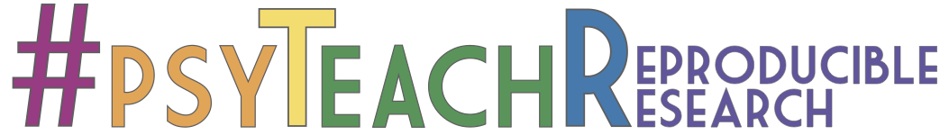 The word #PsyTeachR in rainbow letters, and smaller letters after the R spelling Reproducible Research