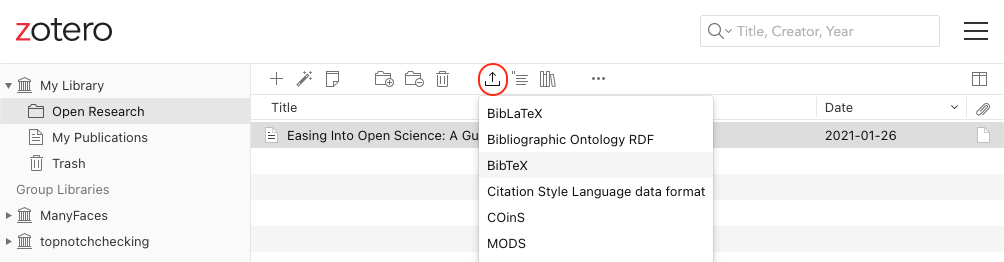 The Zotero interface showing the location of the Export menu (like a try with an up arrow)