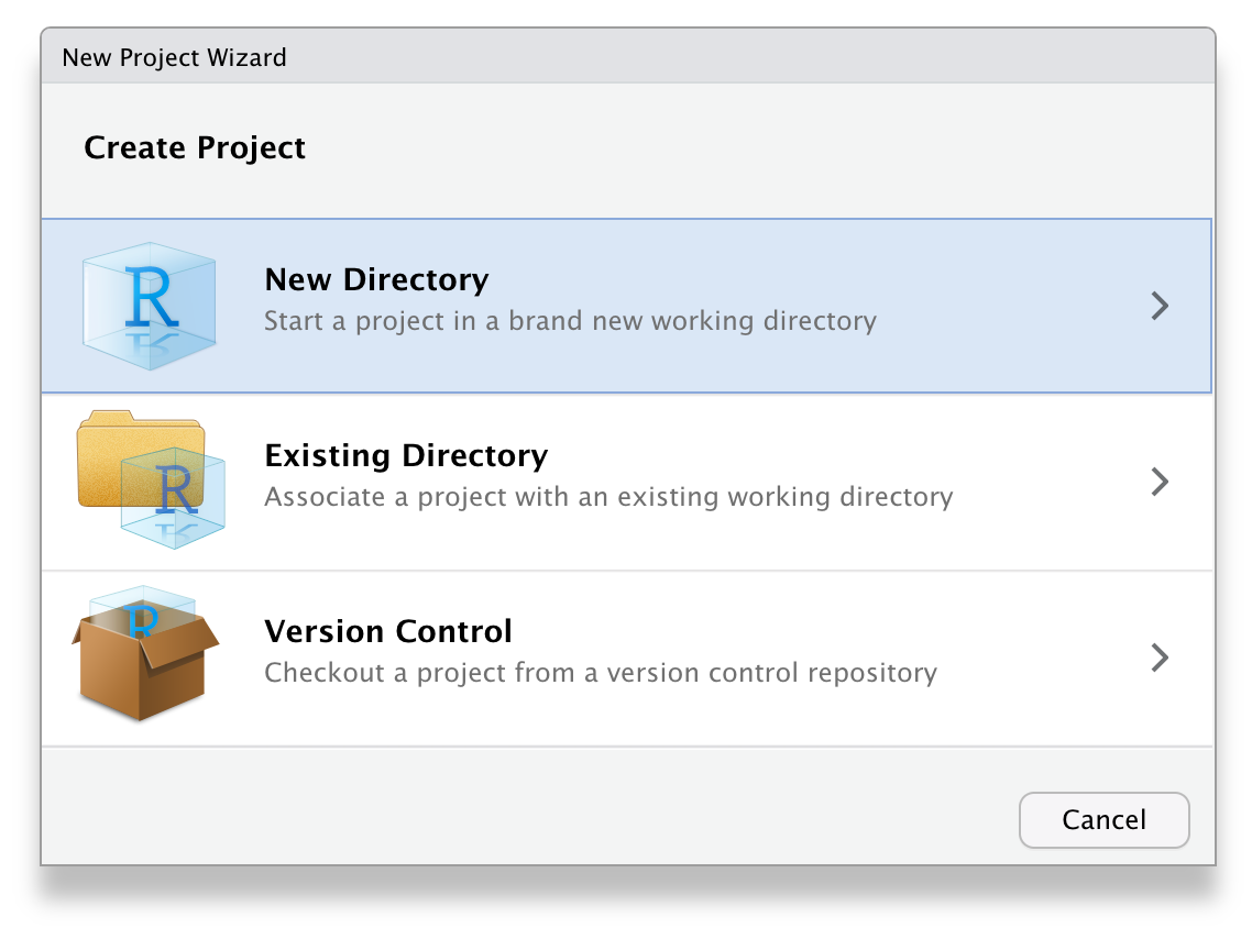 Interface box titled New Project Wizard. The heading is Create Project and there are three options: New Directory: start a project in a brand new working directory, Existing Directory: Associate a project with an existing directory, and Version Control: Checkout a project from a version control repository