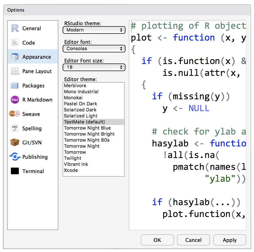 Default RStudio editor settings.