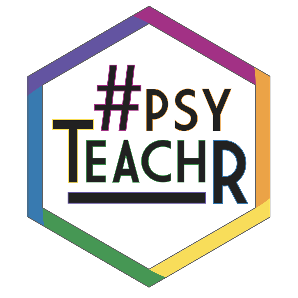 Hexagon with PsyTeachR in rainbow art deco letters