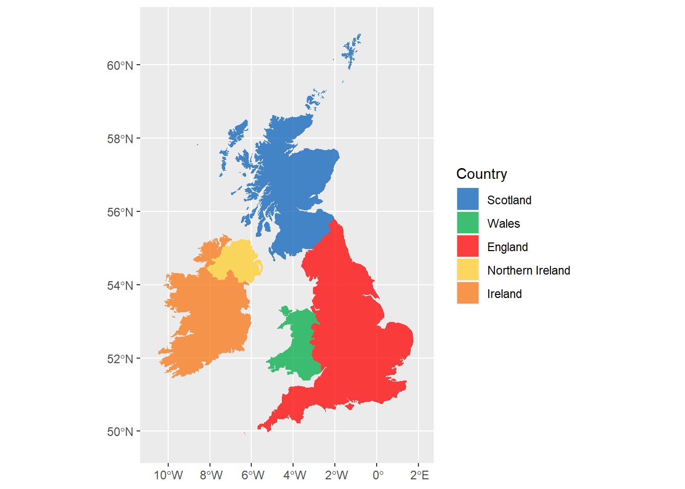 Map coloured by country.