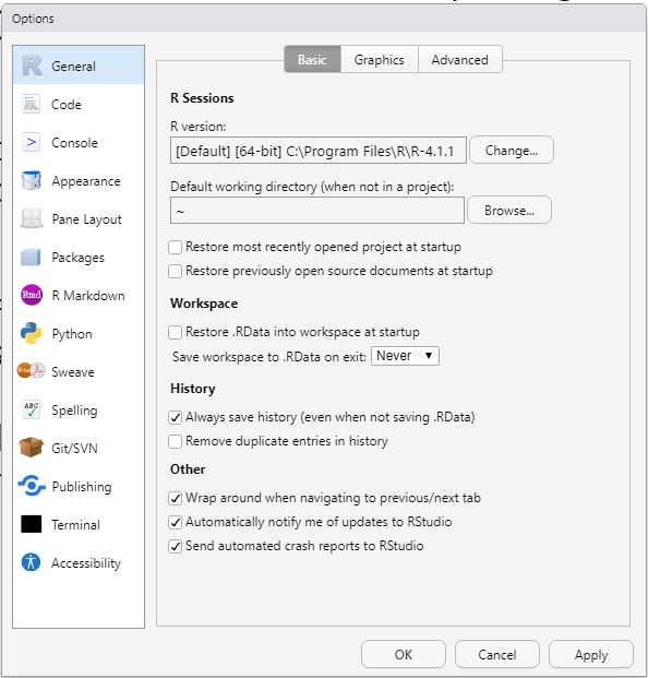 Global options - you are aiming to make your global options look similar, in terms of what is ticked, to the above. The main thing is to make sure that Restore RData into workspace is not ticked, and we would set Save workspace to Never. The History options are optional but can help. The update options are really just in case you want to.