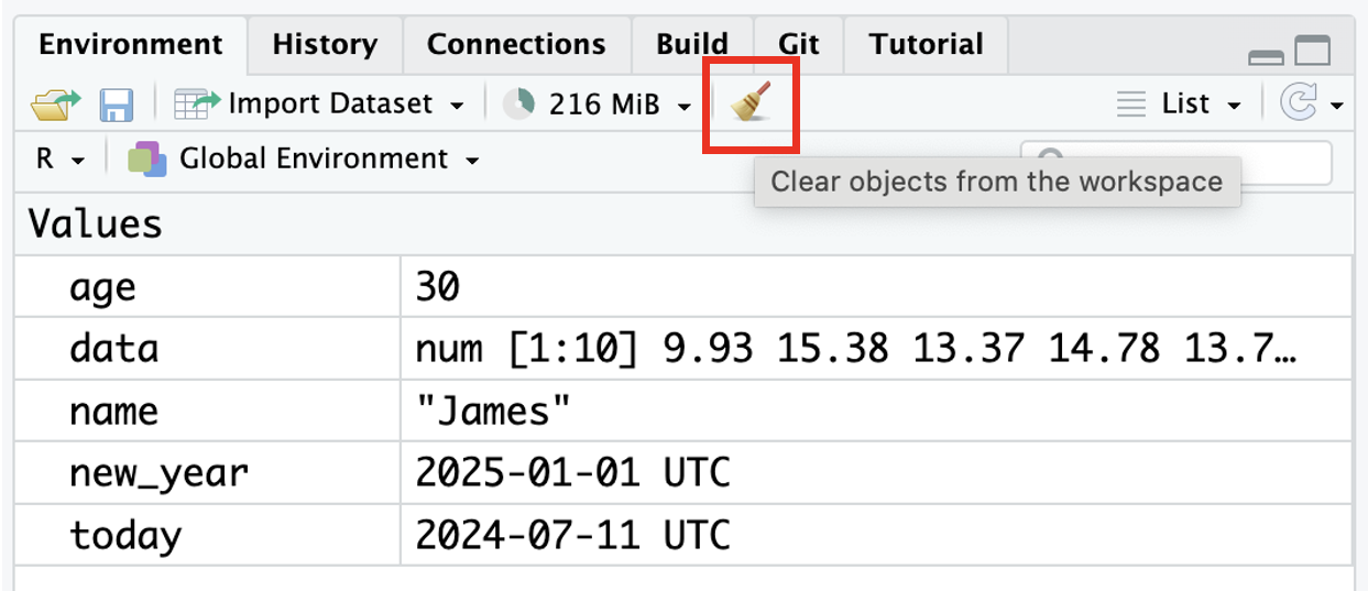 Highlighting the broom symbol and hovering over the text which says clears objects from the workspace.