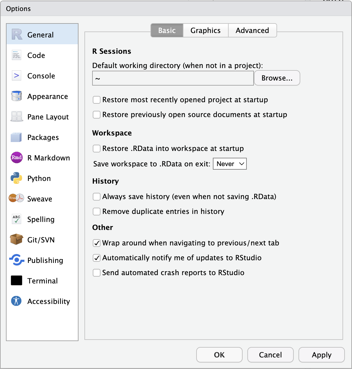 Global options in RStudio where you can see the General tab. For example, we untick Restore RData into workspace at startup, and set Save workspace to .RData on exit to Never.