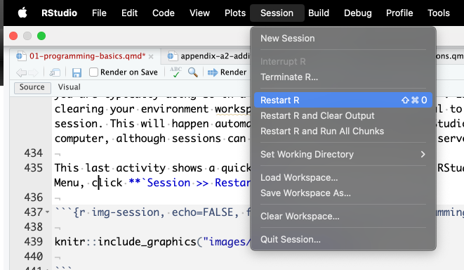 Highlighting how to restart R by using the menus Session >> Restart R.