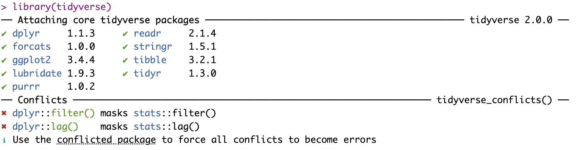 The loading messages from tidyverse. You can see all the packages it loads under attaching core packages, such as dplyr and ggplot2. You can then see conflicts between functions in these packages and others already loaded.