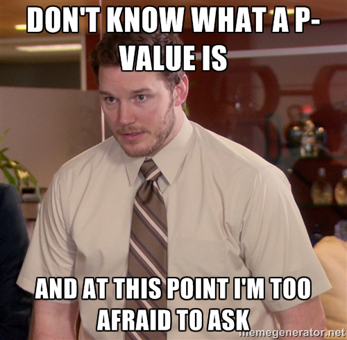 Top text: Don't know what a p-value is, Bottom text: at this point I'm too afraid to ask