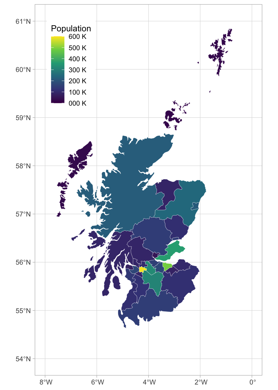 Map coloured by population.