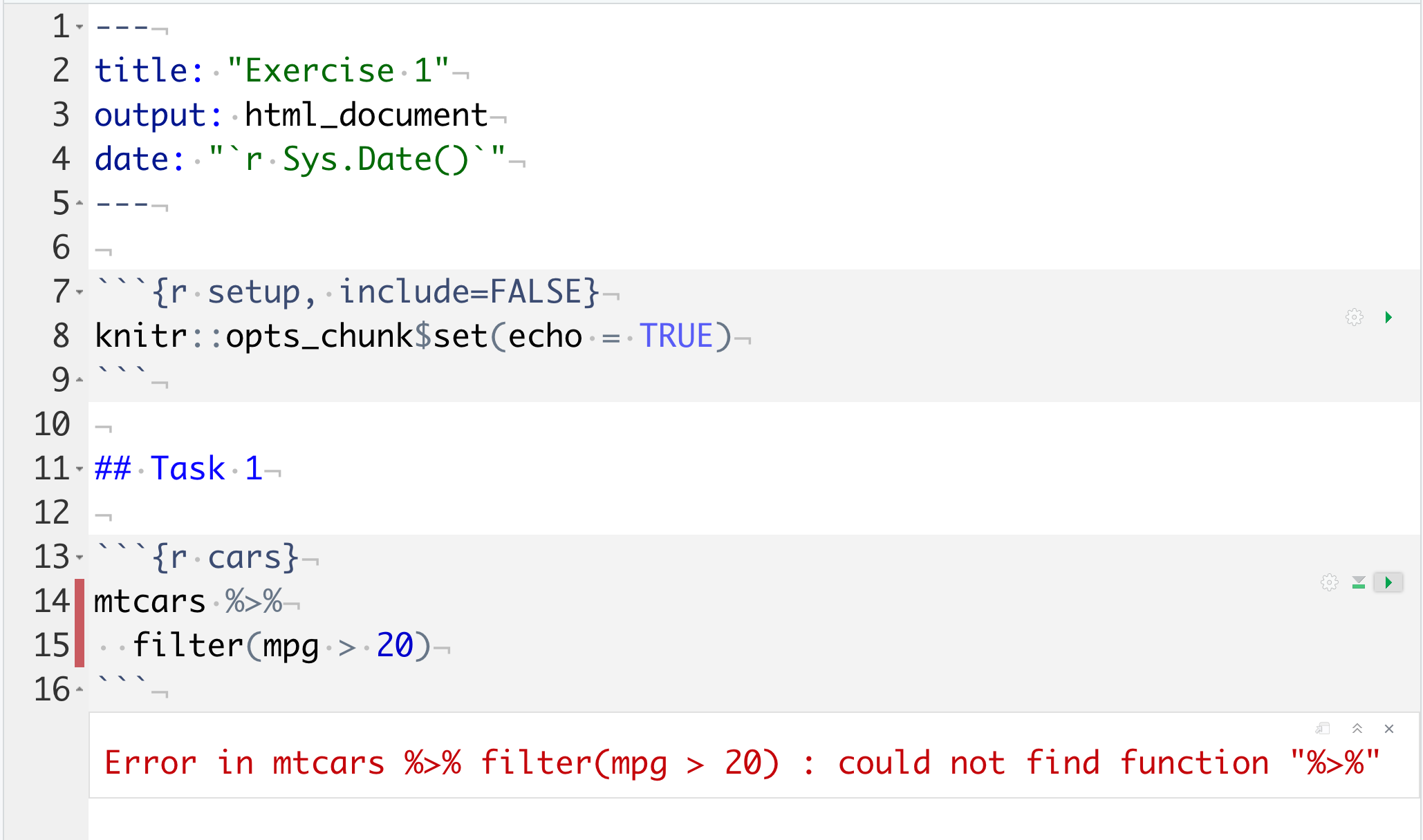 A screenshot of the RStudio IDE showing an error in red.