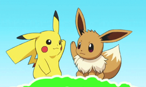 Pikachu and Eevee from Pokemon waving and high-five-ing