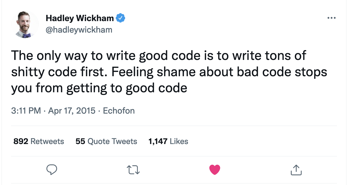 Hadley Wickham @hadleywickham: The only way to write good code is to write tons of shitty code first. Feeling shame about bad code stops you from getting to good code [3:11 PM · Apr 17, 2015·Echofon; 892 Retweets, 55 Quote Tweets, 1,147 Likes]