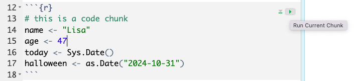 A sreenshot of the code above in the RStudio interface, highlighting the green arrow on the right and helper text reading 'Run Current Chunk'.