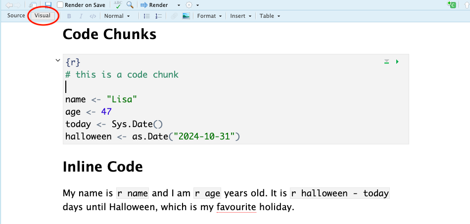 The visual editor shows the code in a grey box starting with {r} and then the main text is styles so 'Inline Code' is larger and bold.