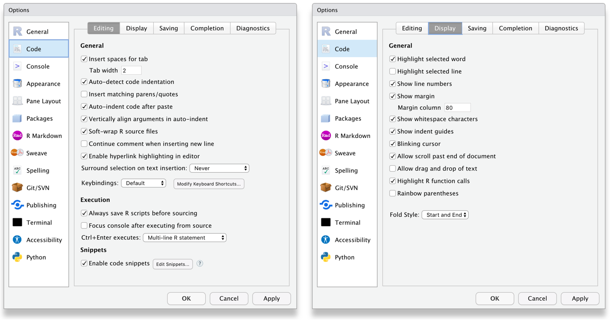 The settings interface for the Code tab, showing the Editing and Display subtabs.
