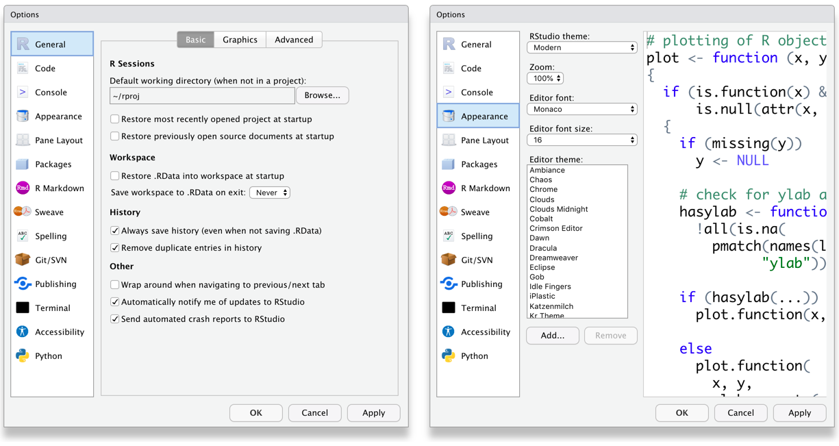The settings interface for the General and Appearance tabs.