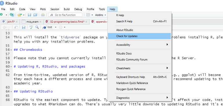 A screenshot of the RStudio interface showing the menu location of Help > Check for updates