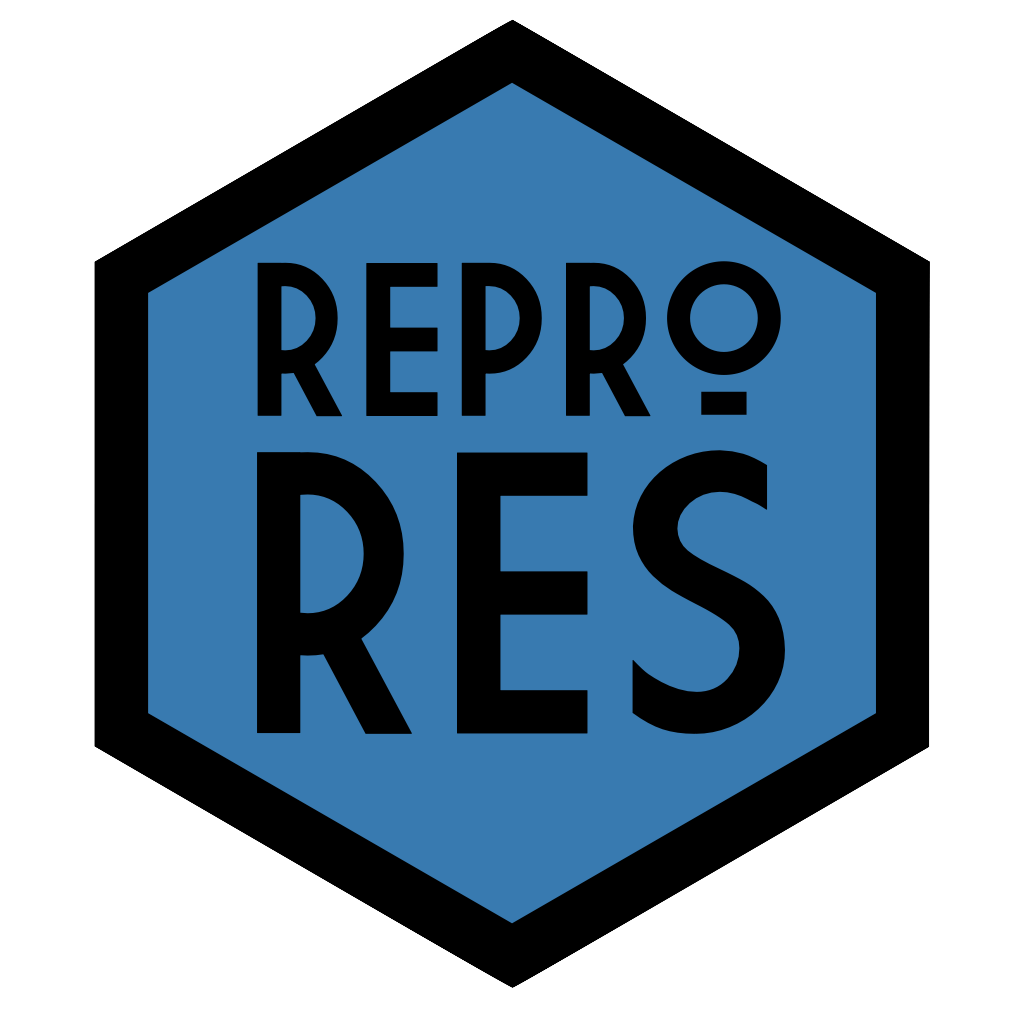 Data Skills for Reproducible Research A blue hexagon with Repro Res in Mackintosh art deco font