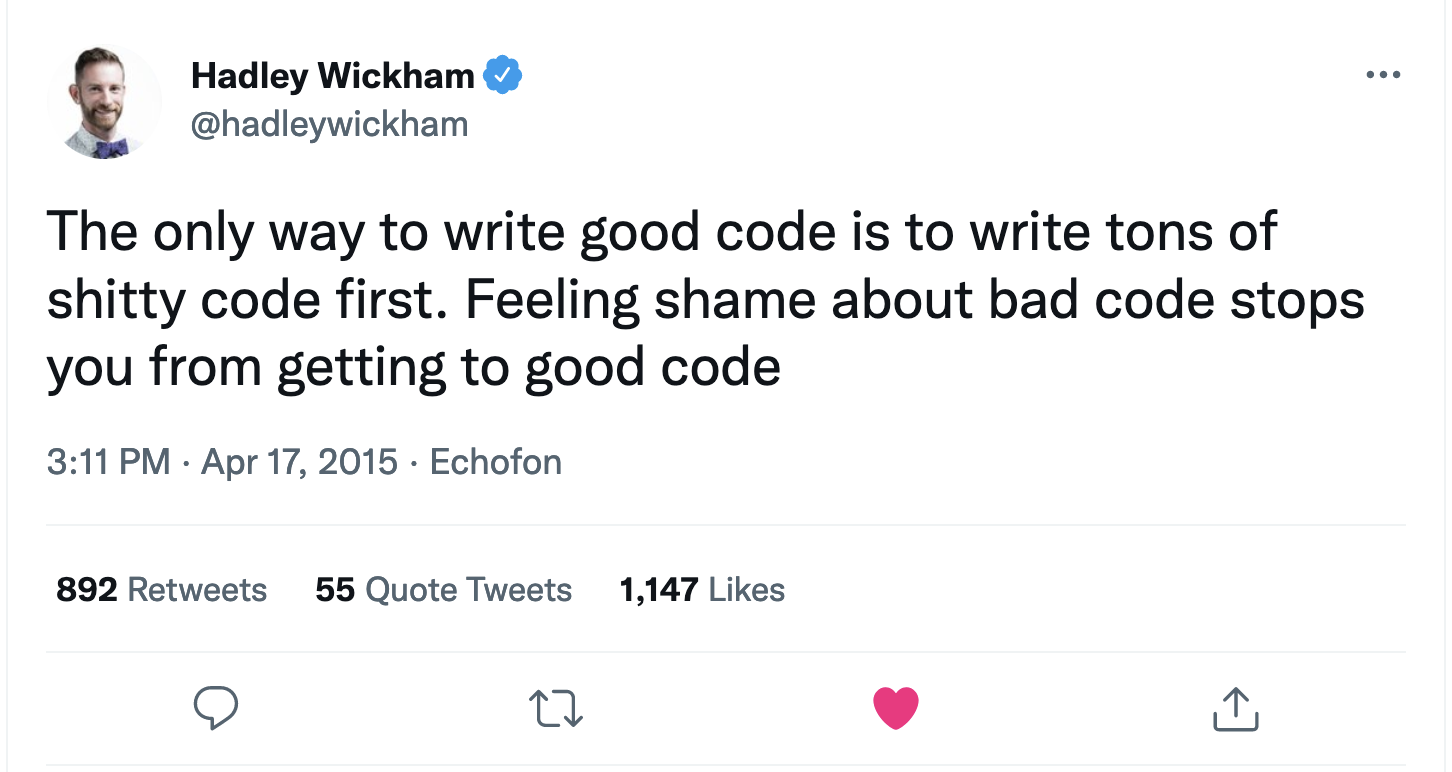 Screenshot of a tweet: Hadley Wickham @hadleywickham: The only way to write good code is to write tons of shitty code first. Feeling shame about bad code stops you from getting to good code [3:11 PM · Apr 17, 2015·Echofon; 892 Retweets, 55 Quote Tweets, 1,147 Likes]