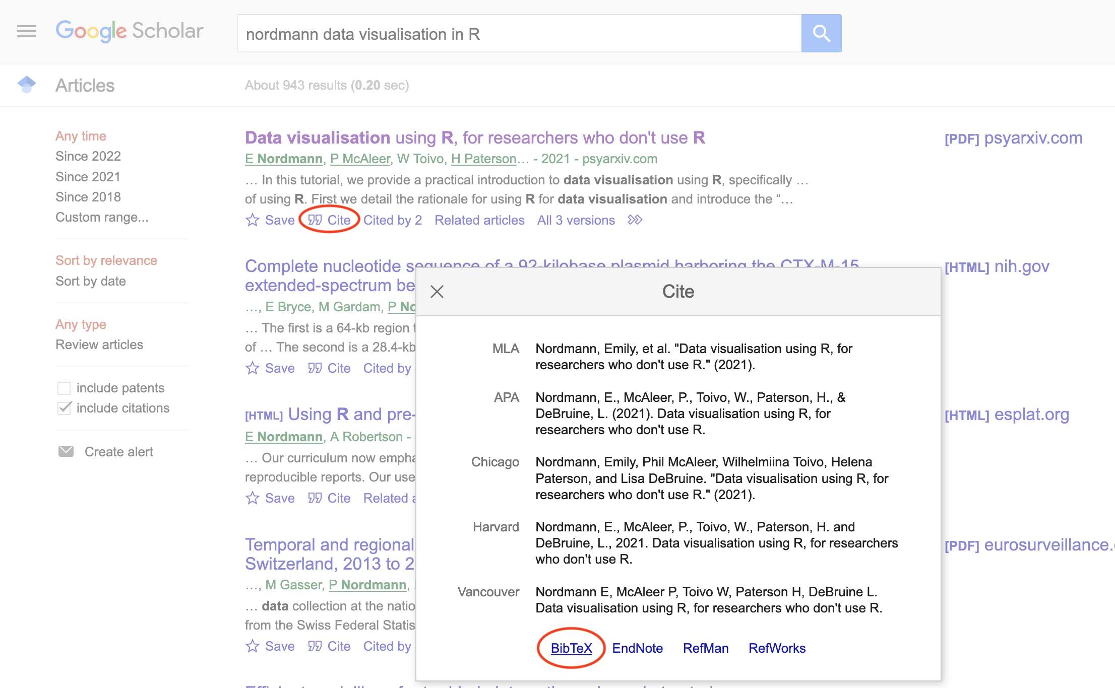 A screenshot of Google Scholar, showing the location of the BibTeX format link