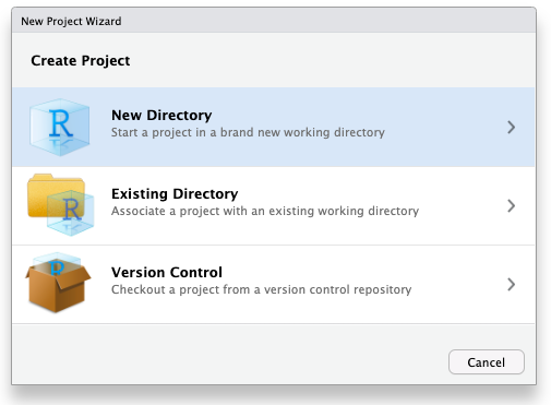 Interface box titled New Project Wizard. The heading is Create Project and there are three options: New Directory: start a project in a brand new working directory, Existing Directory: Associate a project with an existing directory, and Version Control: Checkout a project from a version control repository