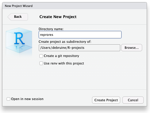 Next page of the New Project Wizard interface. There is a back button and the heading Create New Project. There is a text box labelled 'Directory name' with the contents 'reprores' and another with the label 'Create project as a subdirectory of:` and the contents '/Users/debruine/R-projects' next to a Browse... button. There are two tickboxes (both unselected) labelled 'Create a git repository' and 'Use renv with this project'.