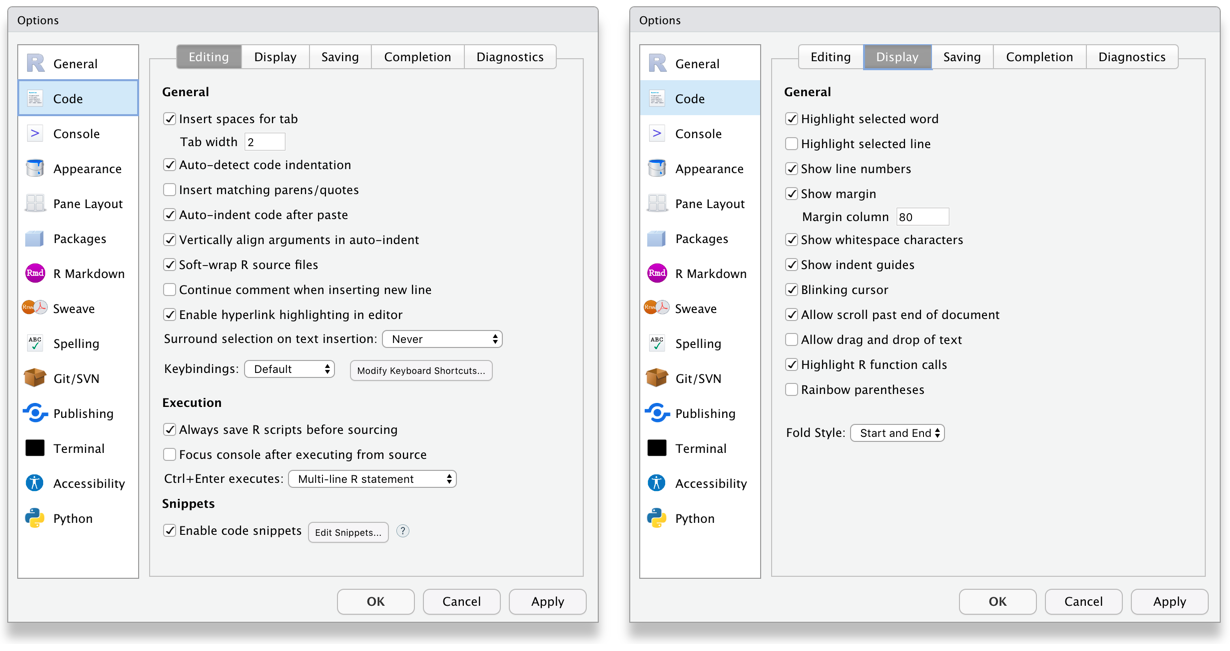 RStudio Code settings