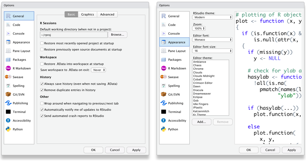 RStudio General and Appearance settings